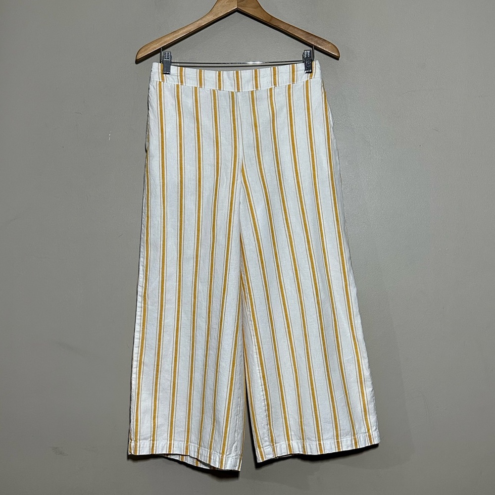 A.N.A. Woman’s White/Yellow Striped Linen/Cotton Crop Pants Wide leg Sz M